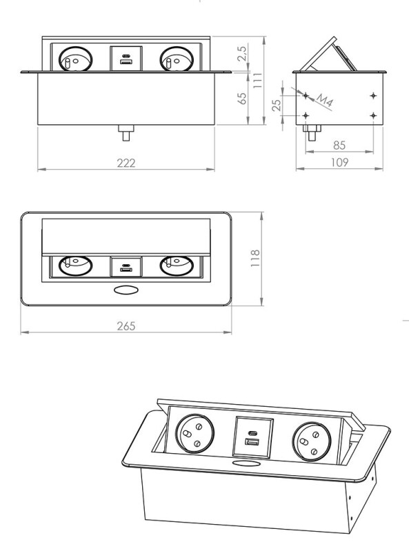 Elektrická zásuvka 2x 230V 2x USB A/C černá 